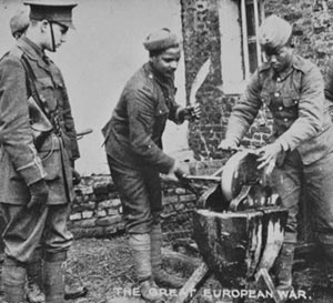 Gorkhas preparing kukri for war 1914-15